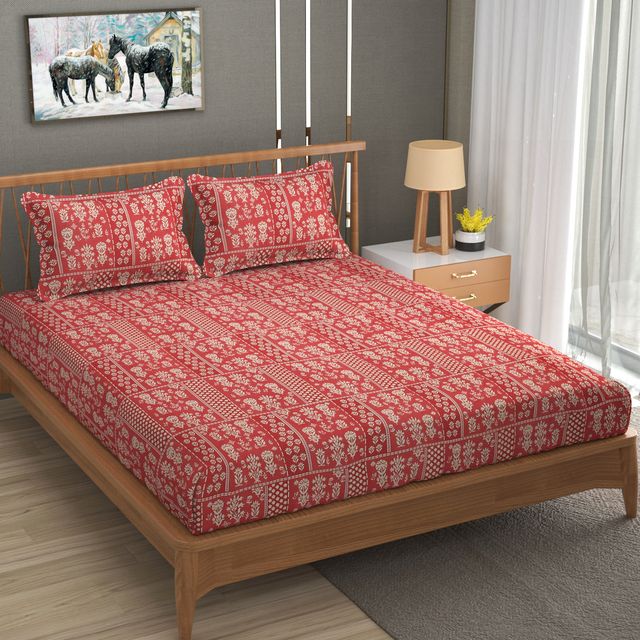 La elite Glace Cotton Fitted Bedsheet For Double Bed With 2 Pillow Covers