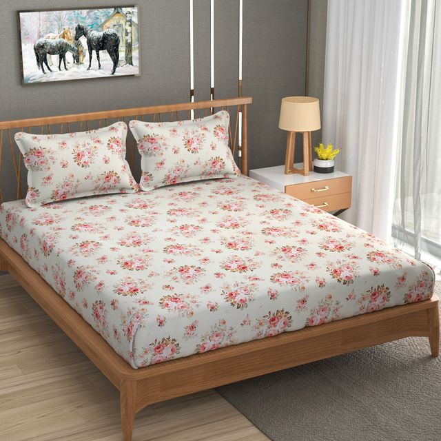 La elite Glace Cotton Fitted Bedsheet For Double Bed With 2 Pillow Covers