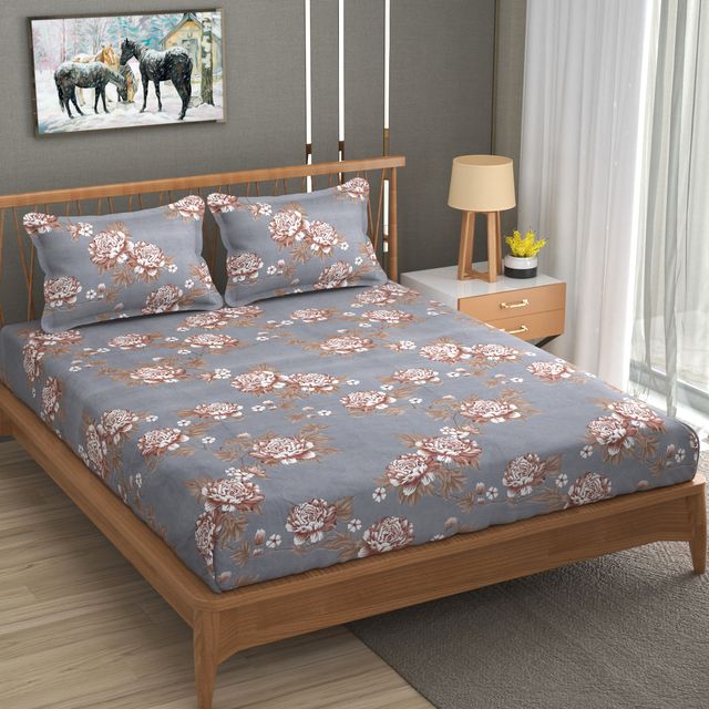 La elite Glace Cotton Fitted Bedsheet For Double Bed With 2 Pillow Covers