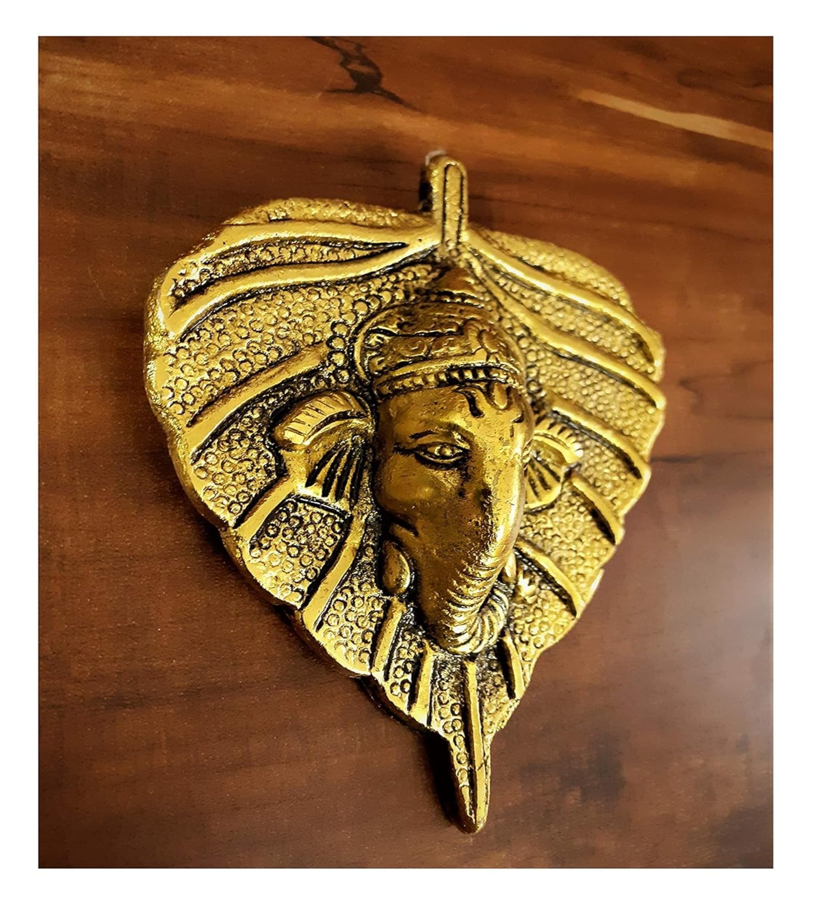 Gold Plated Leaf Ganesh Face Wall Hanging Statue with Antique Finish Wall Decor Diwali Puja Deepawali Decoration at Home Mandir Décor