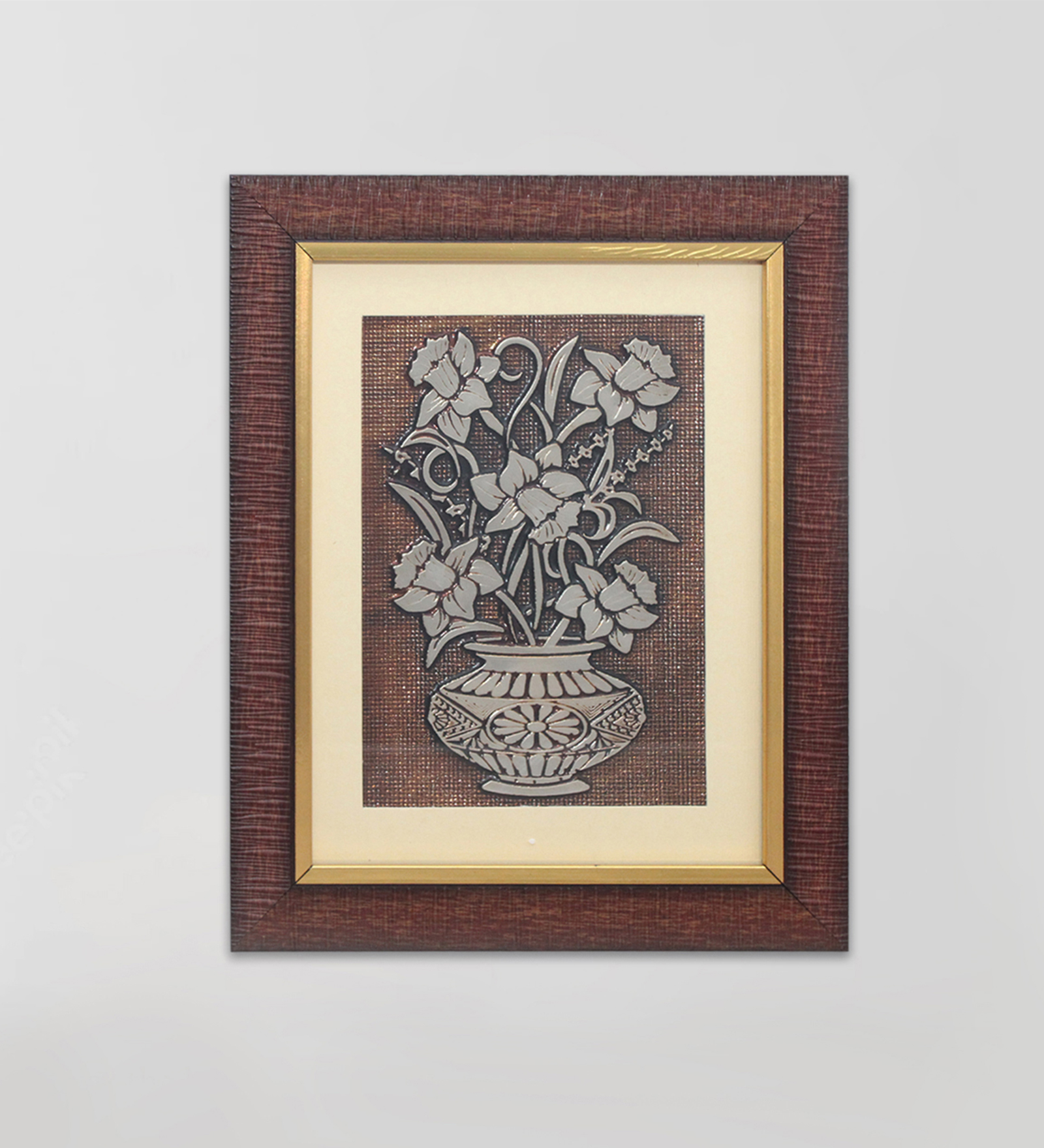 Egyptian Art Foil Painting Antique Bouquet of Flower Embossed Small Wall Decor
