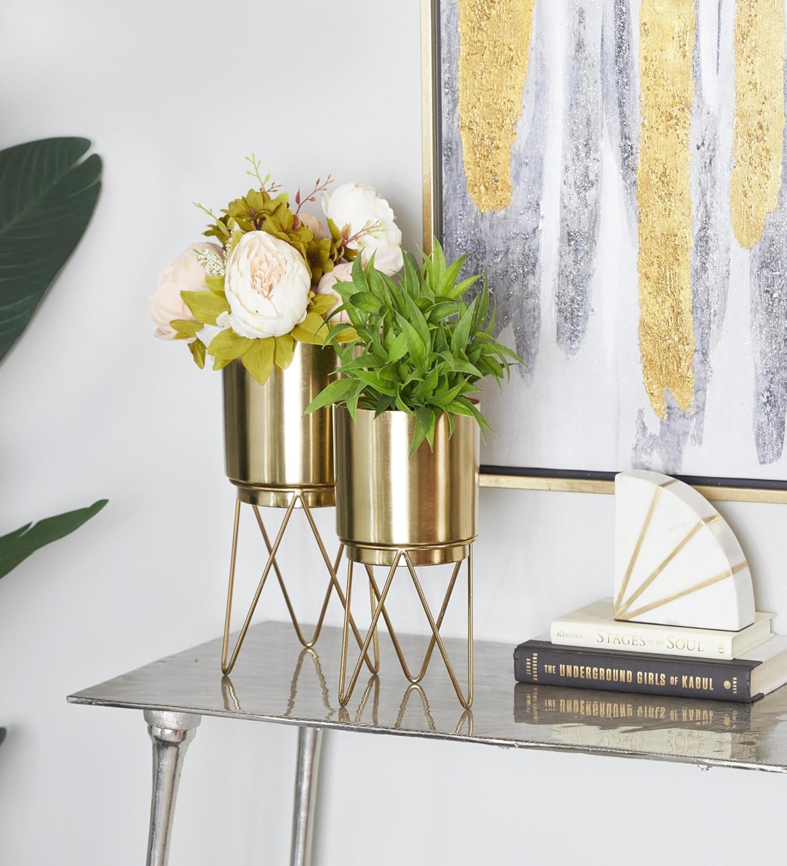 Elle Antique Gold Metal Planter with Stand |Pack of 2  Planters for Living Room, Bedroom Decor (Gold Elle Antique)
