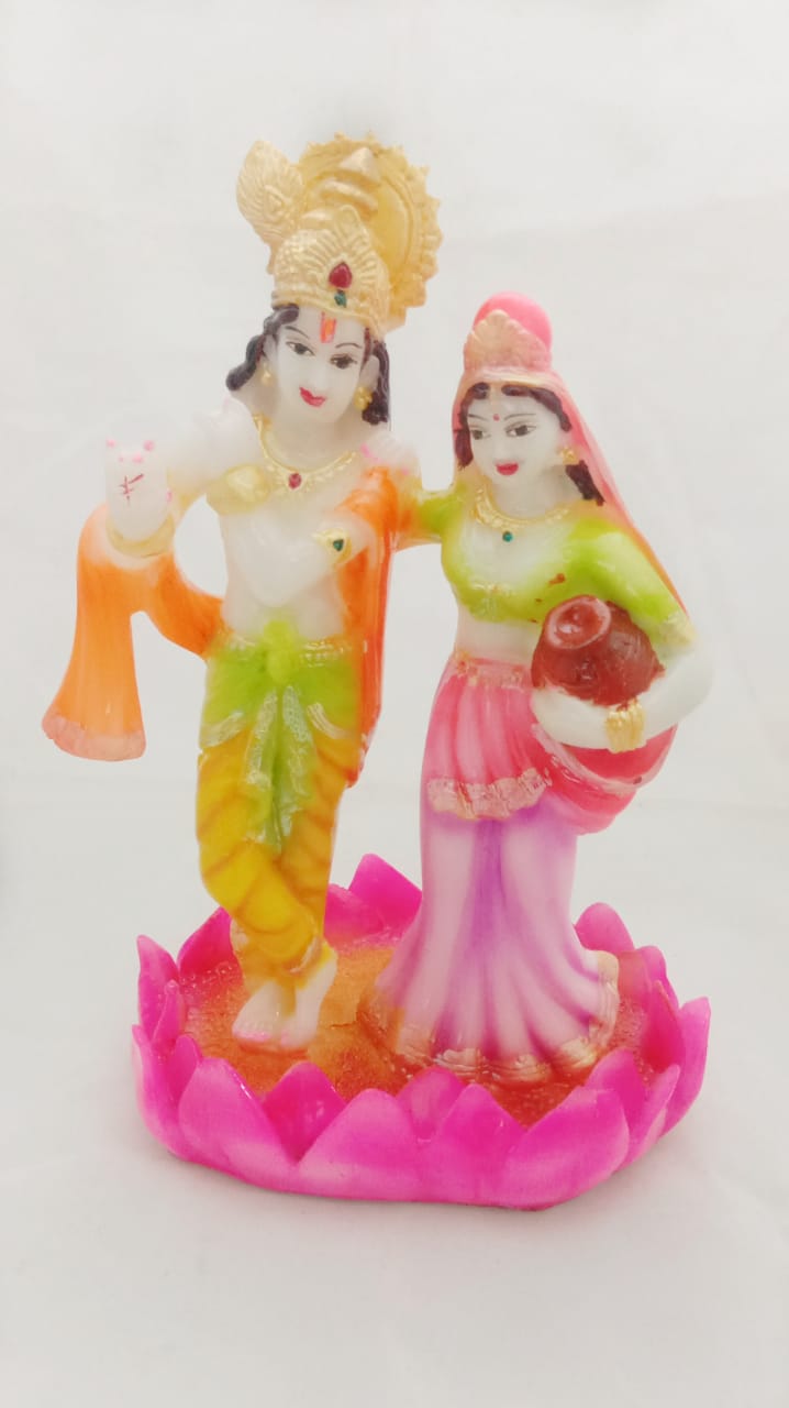 God Radha Krishan Standing On Lotus Hand Carved Resin Idol.