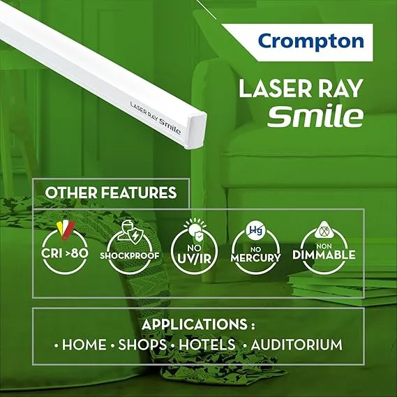 Crompton Laser Ray Smile 20W LED Batten |4 feet Slim Batten for Living Room & Bedroom | Energy Efficient Tubelight for Home | BIS Approved | Warm White (6500K) (Pack of 1)
