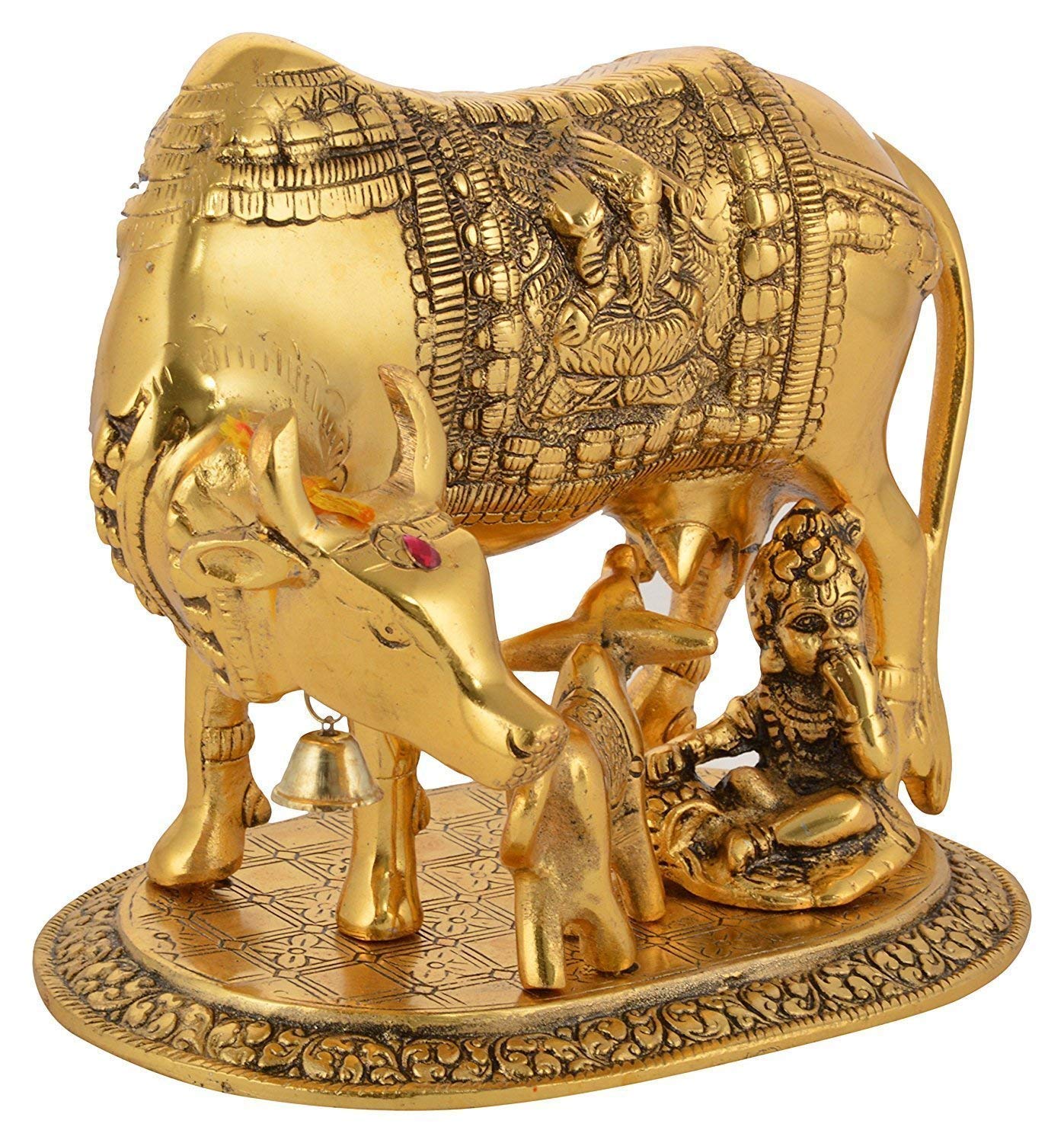 amdhenu Metal Cow with Calf & Ladu Gopal Figurine 6 Inch Showpiece.