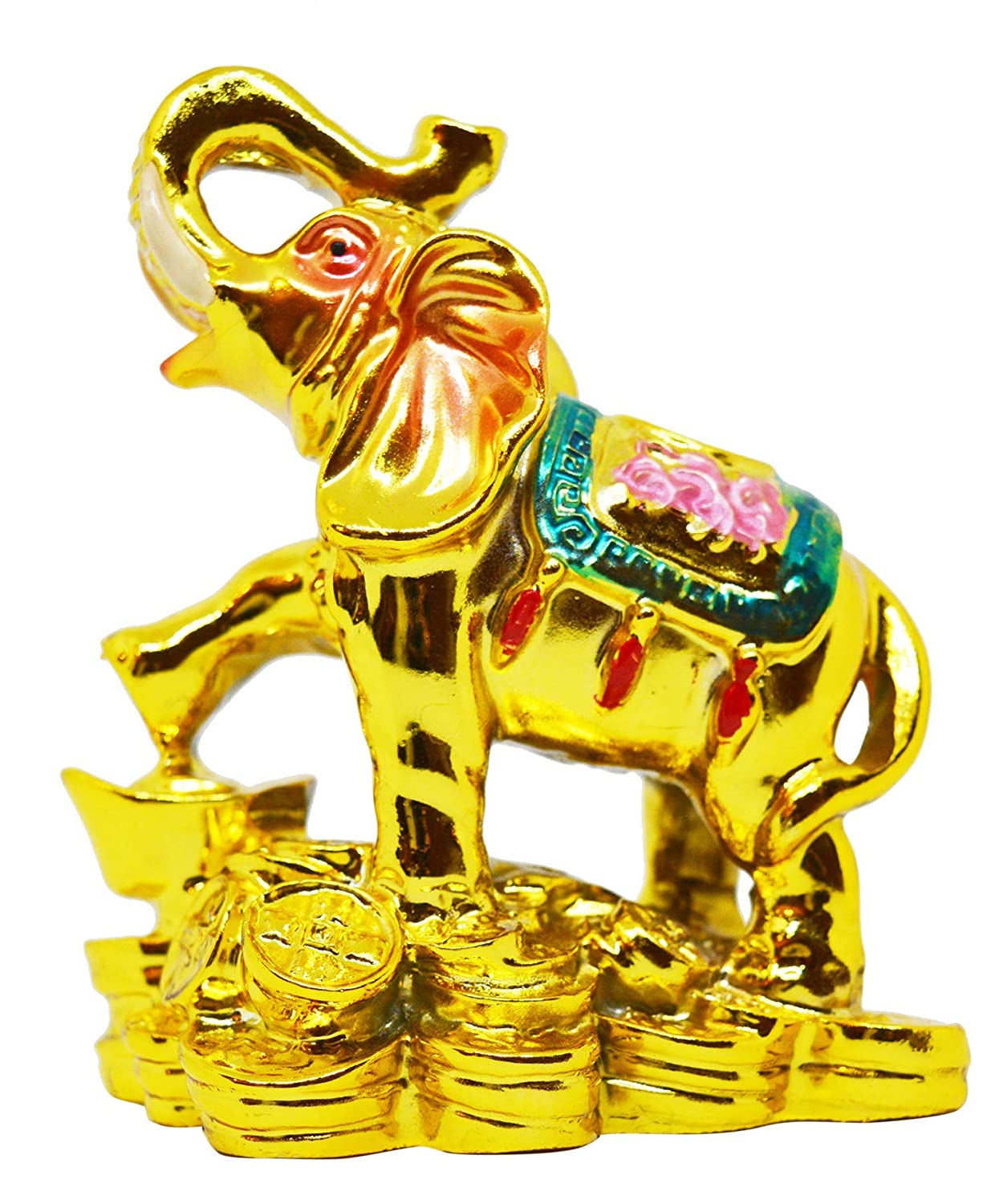 FengShui Polyresin Golden Elephant Statue Figurine For Showpiece (7.5 x 5 x 9cm ) Golden.