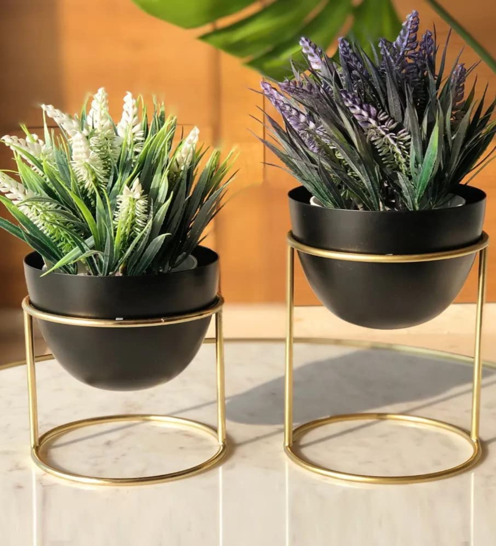Metal Plant Pot with Stand | Flower Indoor Planter | Living Room Outdoor Garden | Office Desk Pot with Gold Metal Stand for Herbs Orchids Cacti Succulents,Set of 2