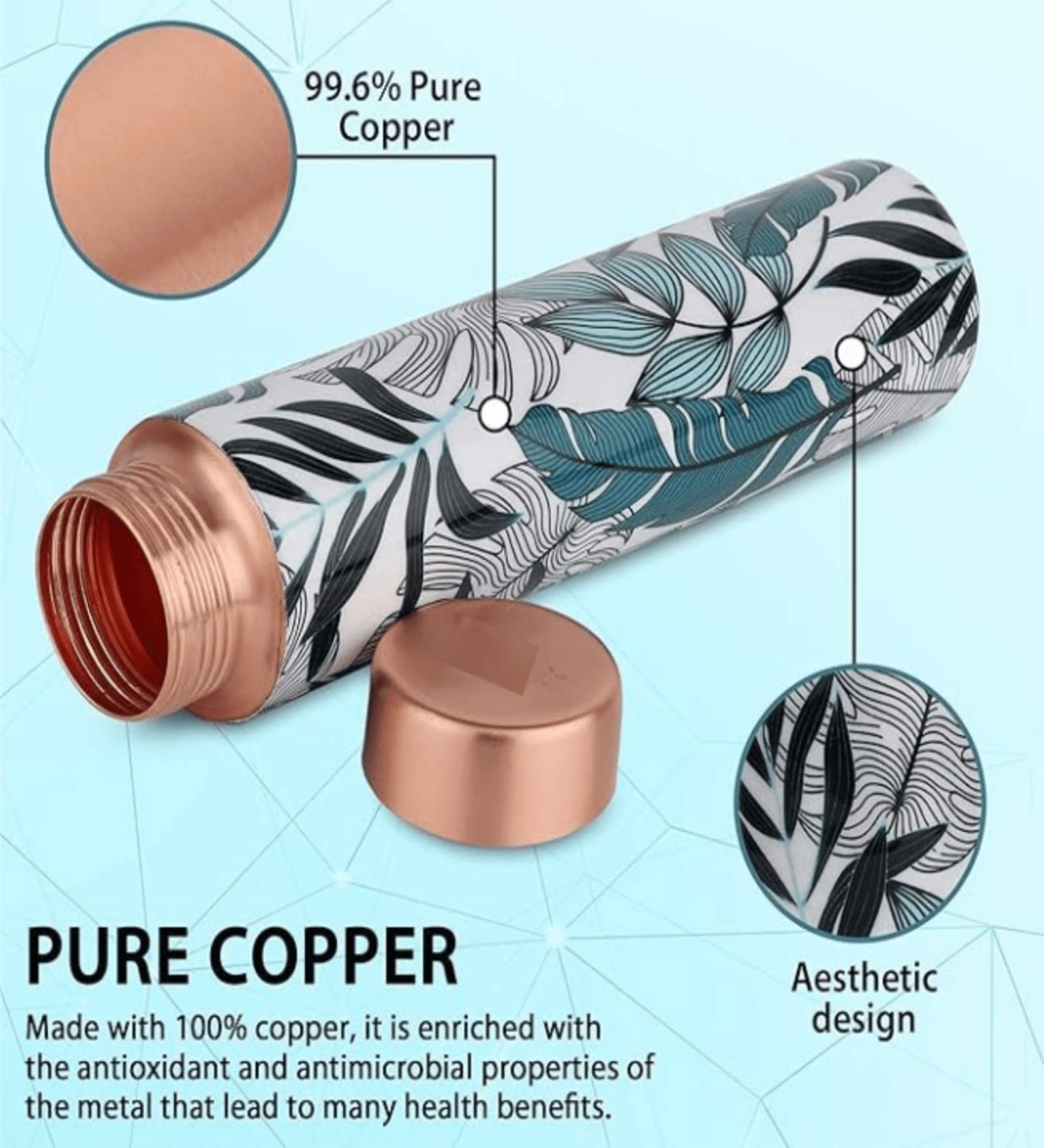 Meenakari Leaf Design 750 ML Leak Proof Pure Copper Water Bottle-Copper Vessel-An Ayuervedic Water Bottle-Capacity 34 Oz Pure Copper Bottle Leaf Design