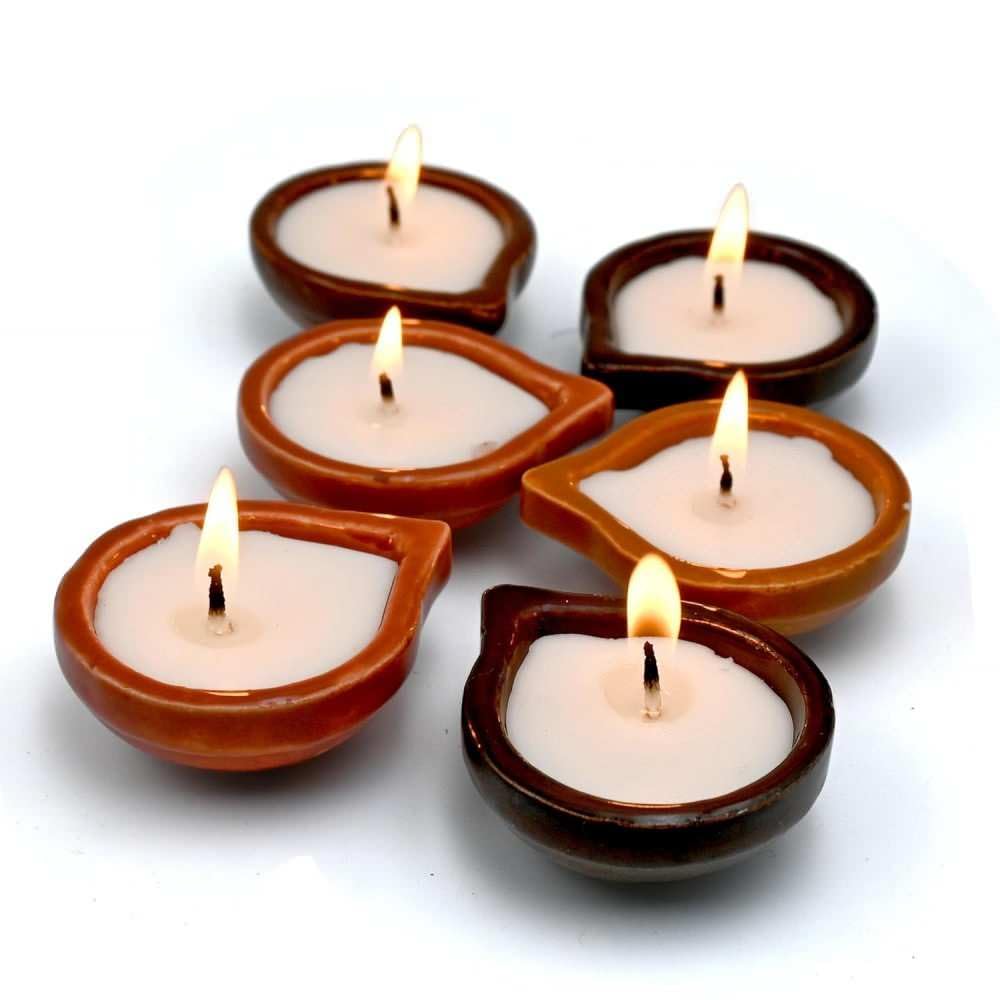 Ceramic Diya Candle Set 6pc - Multicolored, Reusable Deepak for Pooja and Decoration