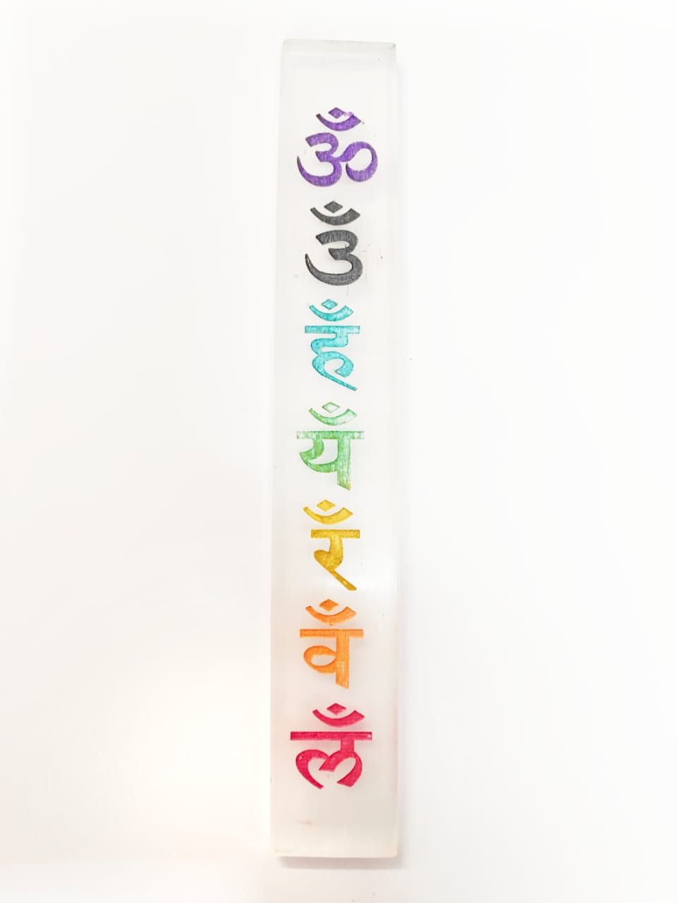 White Selenite Incense Stick Holder Carved Colourful Seven Symbols.