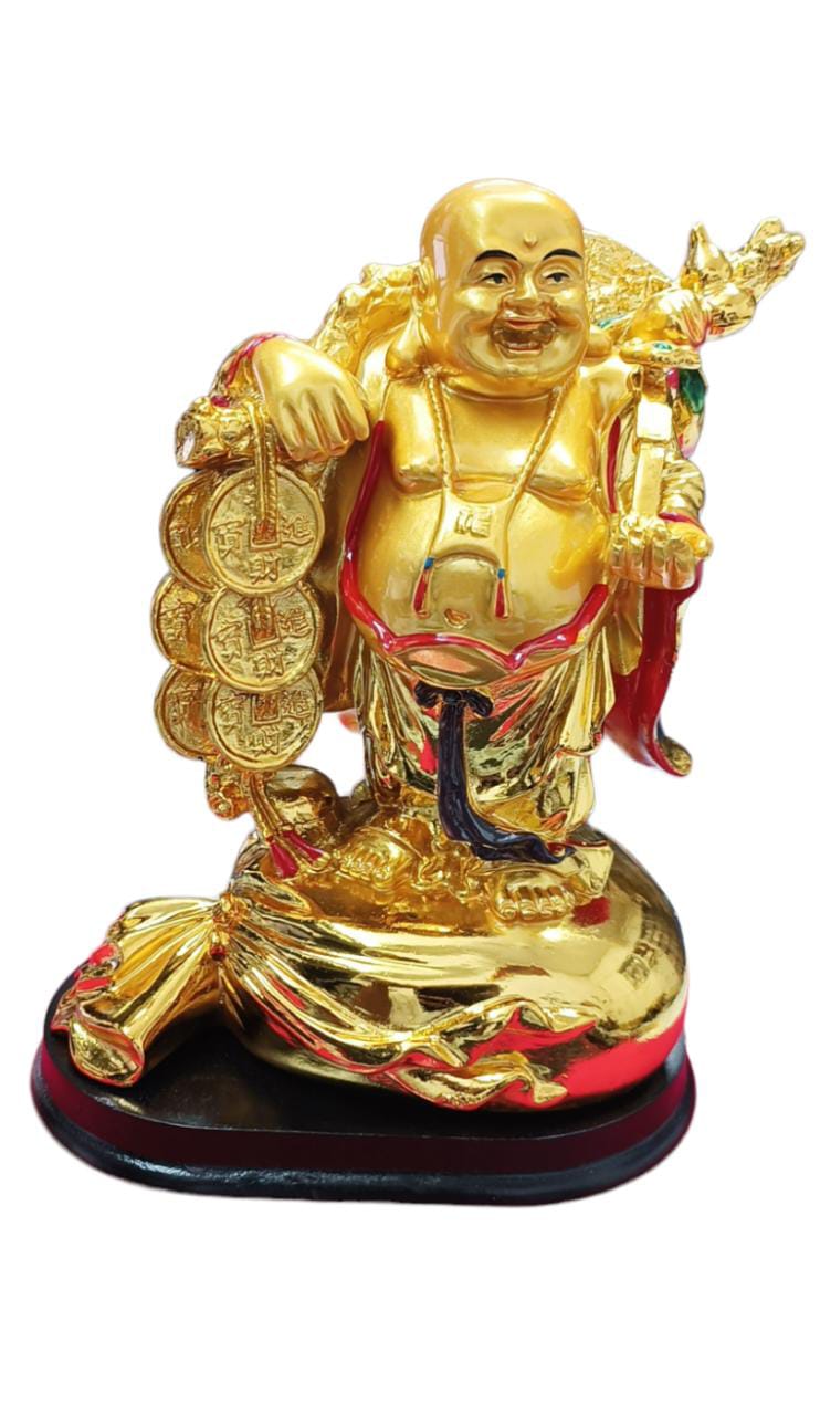 Golden Laughing Buddha on Sack of Gold for good luck. Decorative Showpiece ( 14 x 9 x 18 Cm, Gold).