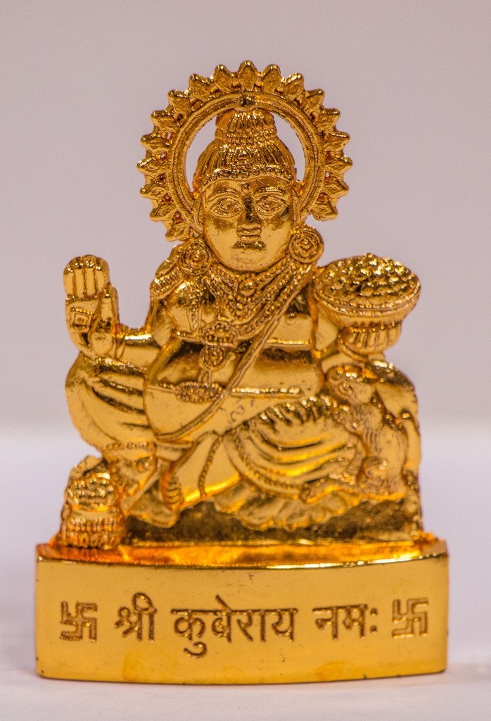 Golden Plated Lord Kuber Idol Showpiece Statue for Temple and Home Décor.
