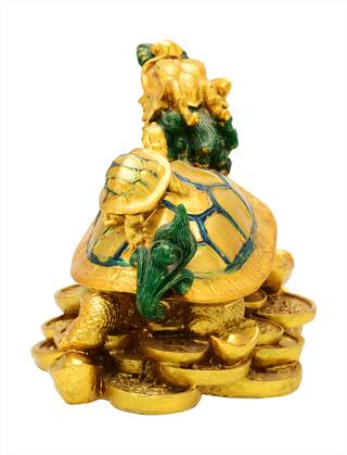 FengShui Polyresin Golden Money Dragon With Baby Turtle for Good Luck and Prosperity Showpiece (10 x 6 x 7 CM, Golden).