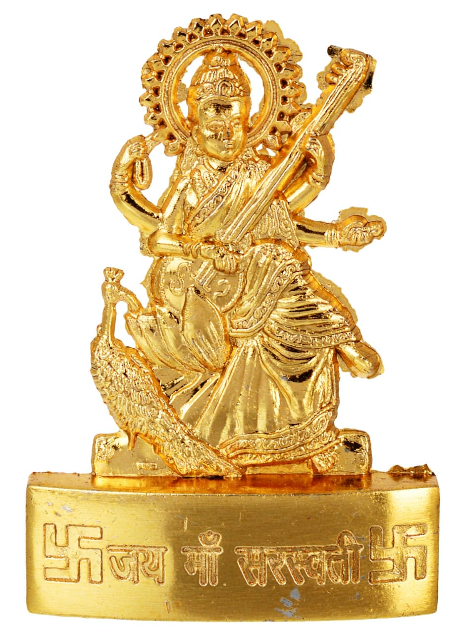 Golden Plated Goddess Sarswati Idol Showpiece Statue for Temple and Home Decor.