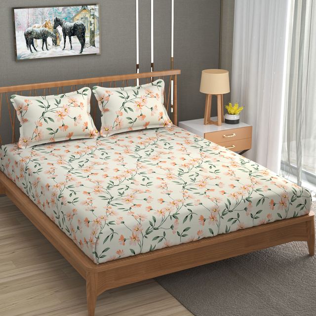 La elite Glace Cotton Fitted Bedsheet For Double Bed With 2 Pillow Covers