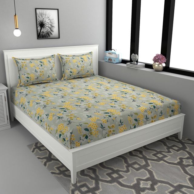 La elite Glace Cotton Fitted Bedsheet For Double Bed With 2 Pillow Covers