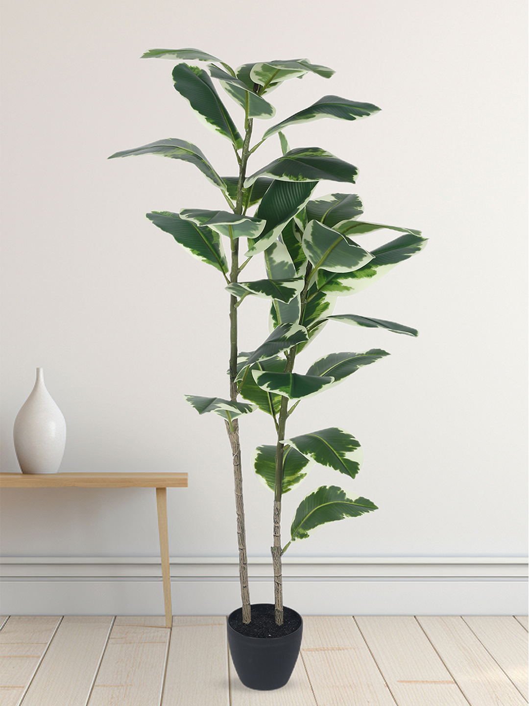 Artificial Plant 47inch Artificial Real Touch Variegated Fiddle Leaf Fig  With Black Pot|Home Decor,Office Decor Perfect Housewarming Gift,Set of 1