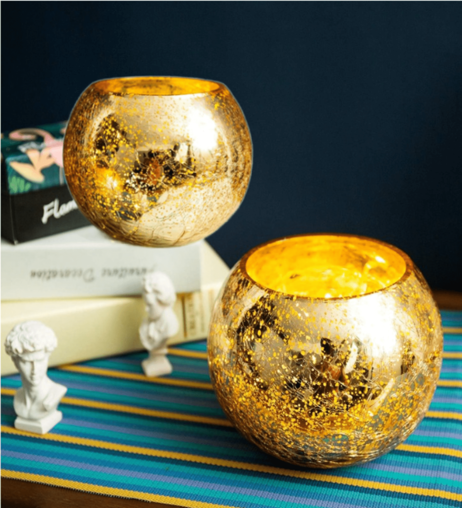 Votive Tealight Candle Holders Mercury Glass  Candle Holder Ice Cracked Glass Bowl Candle Holder for Home Wedding Tables (Gold)