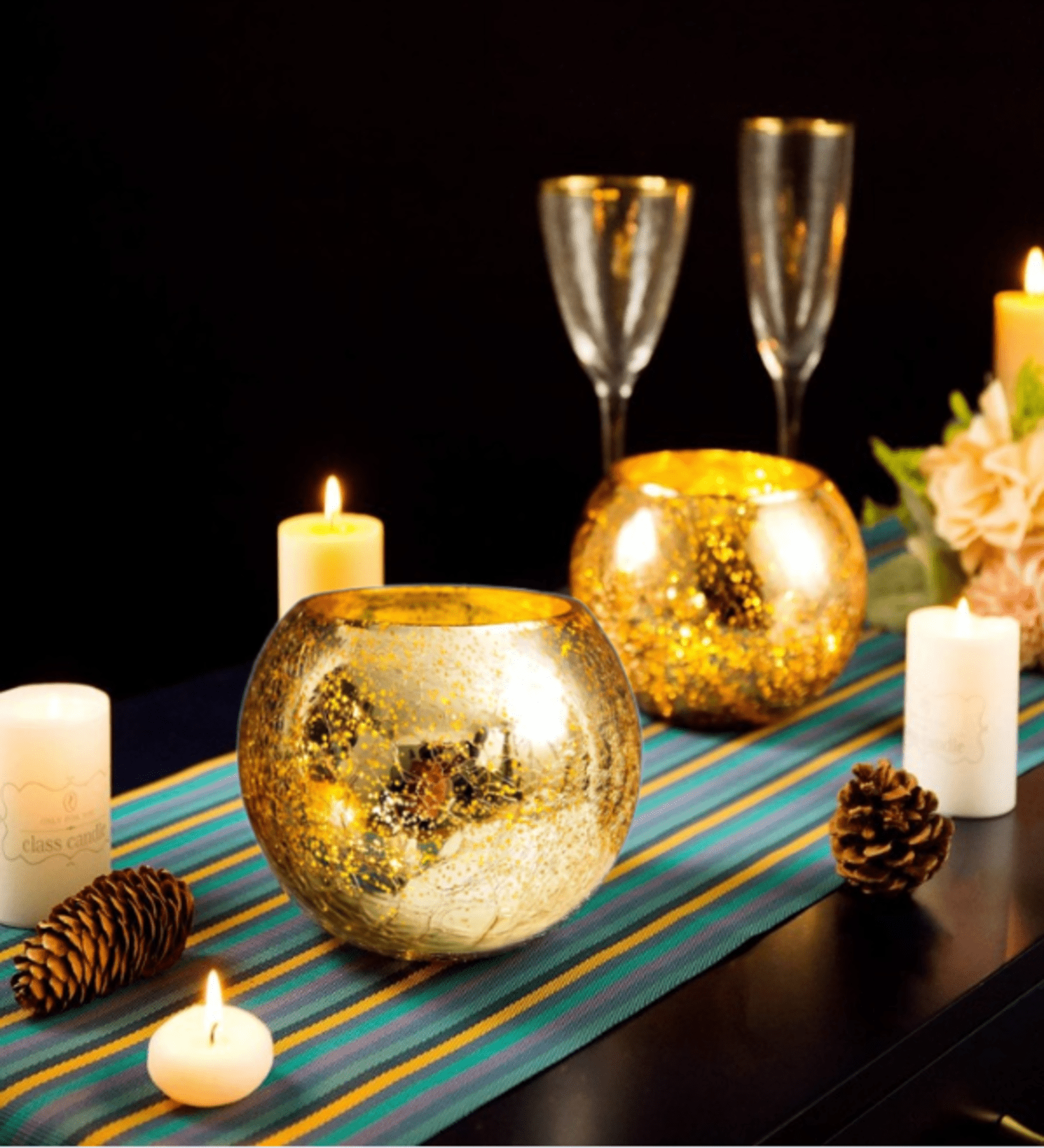 Votive Tealight Candle Holders Mercury Glass  Candle Holder Ice Cracked Glass Bowl Candle Holder for Home Wedding Tables (Gold)