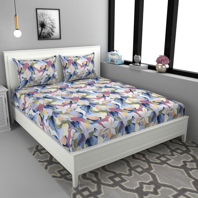 La elite Glace Cotton Fitted Bedsheet For Double Bed With 2 Pillow Covers