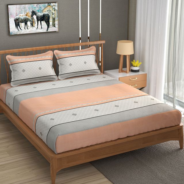 La elite Glace Cotton Fitted Bedsheet For Double Bed With 2 Pillow Covers