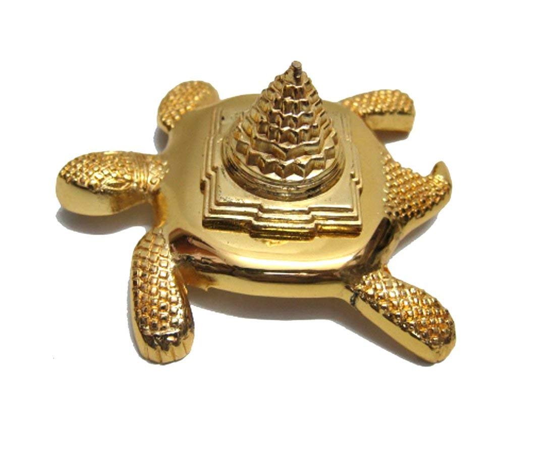 Zinc Meru Shree Yantra on Kachua - Tortoise For Pooja (7 x 5.5 x 3 cm ) Golden.