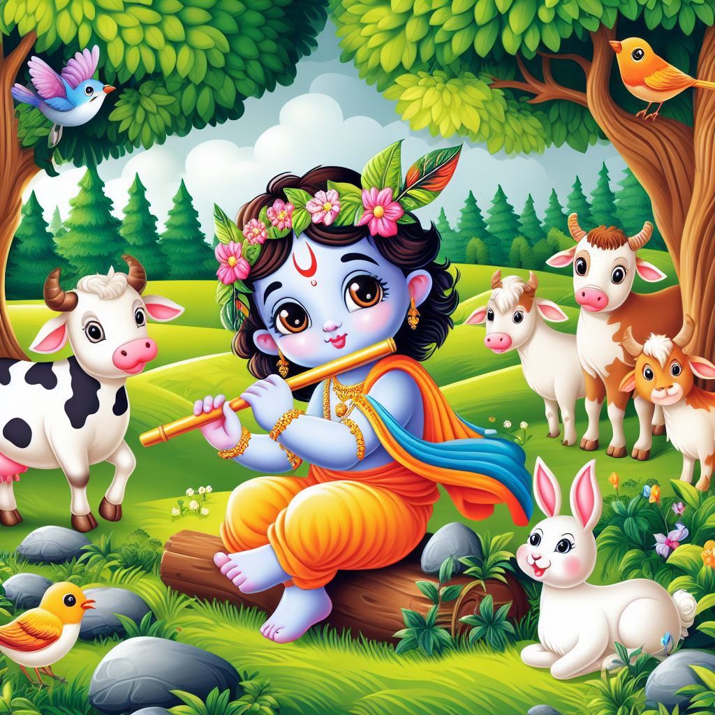 Krishna in the Forest of Vrindavan Poster | 15x17 Inches"