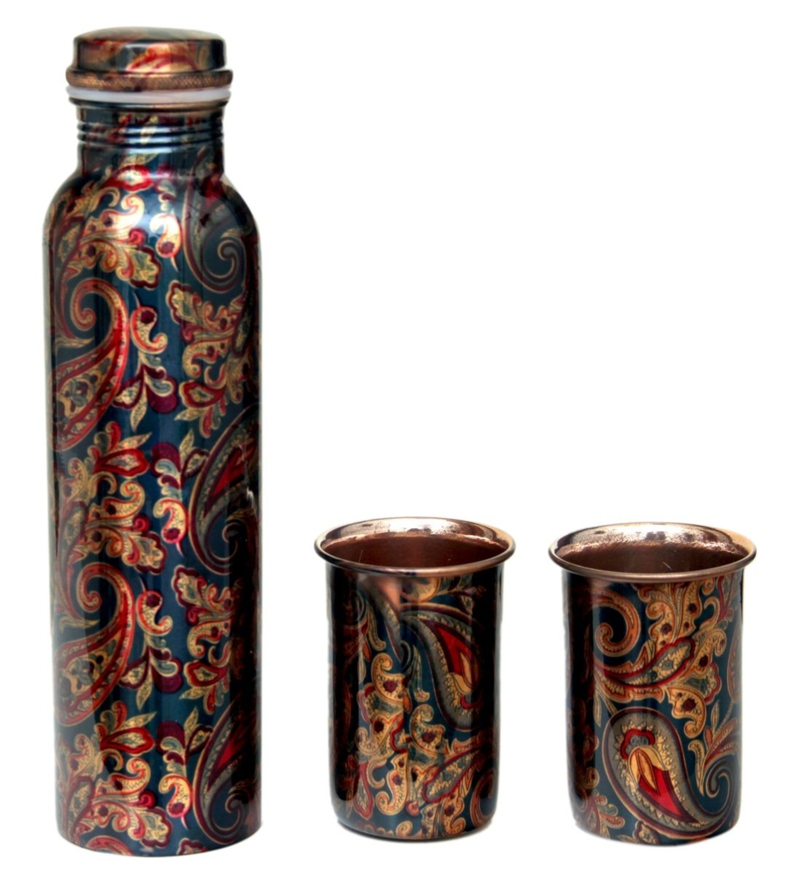 Meenakari Design 1 Ltr Leak Proof Pure Copper Water Bottle Set with 2 Glasses-Copper Vessel-An Ayuervedic Water Bottle-Capacity 34 Oz Pure Copper Bottle Meenakari Design