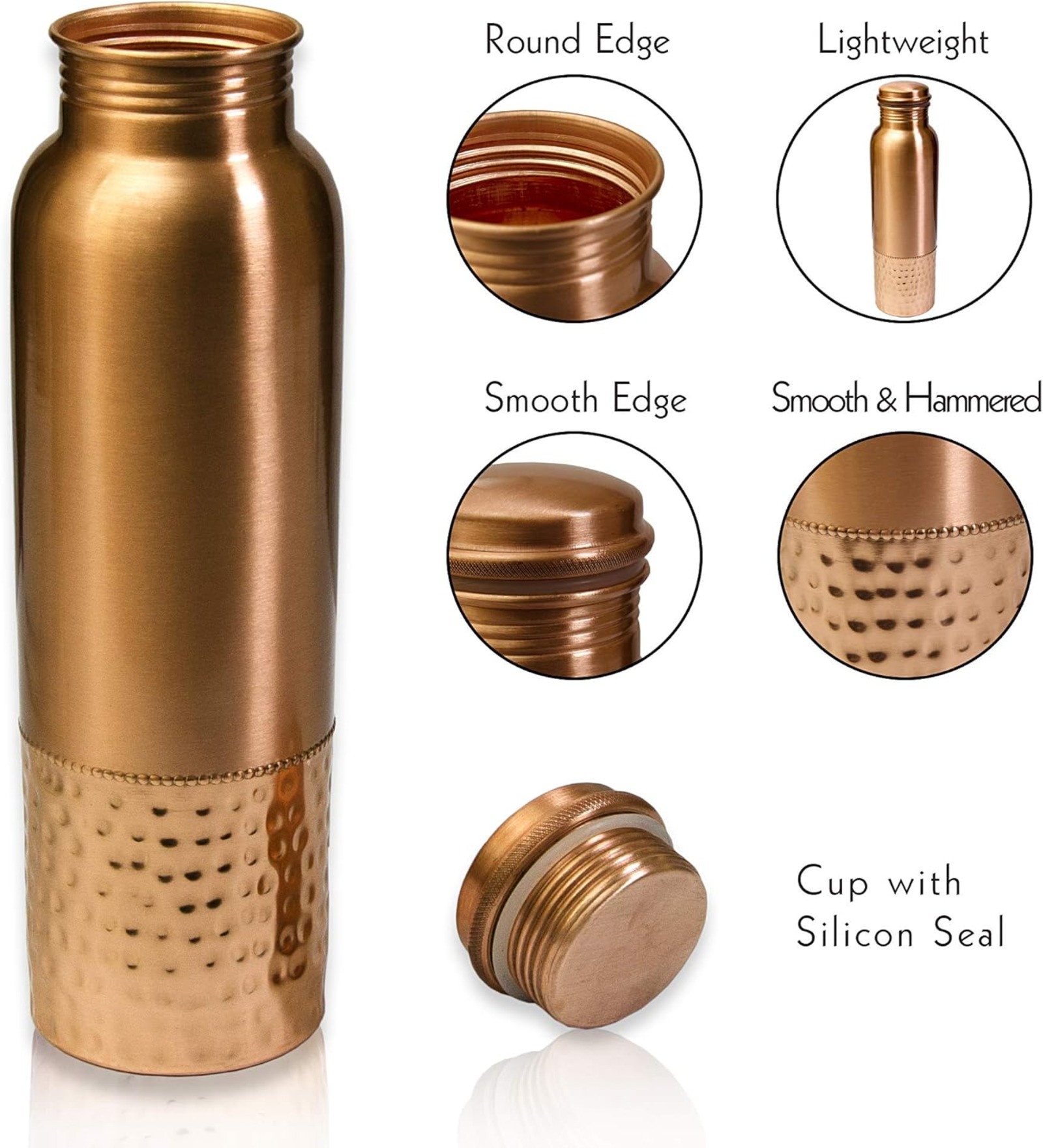 Round Hammered Pure Copper Water Bottle Leak Proof 1 Ltr-Copper Vessel-An Ayuervedic Water Bottle-Capacity 34 Oz Half Hammered Copper Bottle