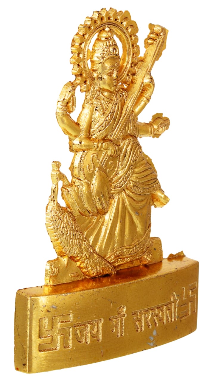 Golden Plated Goddess Saraswati Idol Statue Items Showpiece and Lord of Wealth for Temple and Home Décor (5 x 1 x 7 CM) Golden.