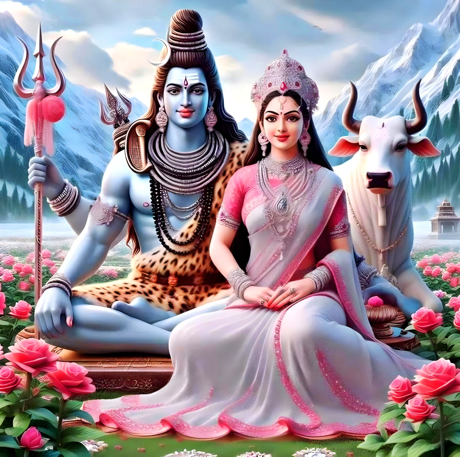 Shiva and Parvati with Nandi: Sacred Poster – 15x17 Inch