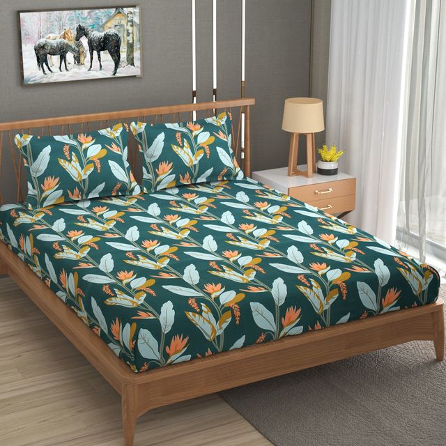 La elite Glace Cotton Fitted Bedsheet For Double Bed With 2 Pillow Covers