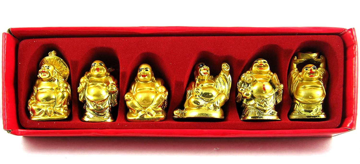 Polyresin Golden Laughing Buddha Set Of Six Pieces  Statue For Happiness.