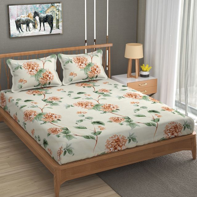 La elite Glace Cotton Fitted Bedsheet For Double Bed With 2 Pillow Covers