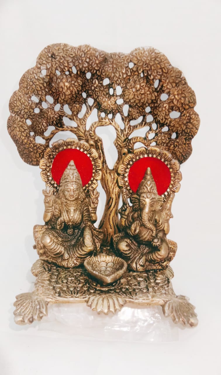 Metal Idol Of Lakshmi Ganesh Tree With Diya For worship Diwali décor.
