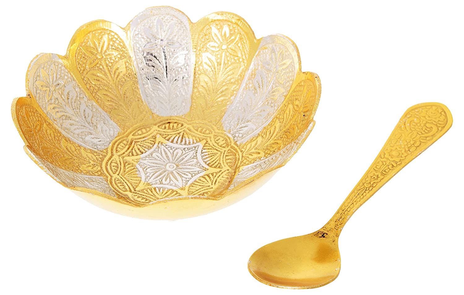 Engraved Zinc Bowl with Spoon Set (11 cm x 11 cm x 4 cm, Golden, Pack of 2.