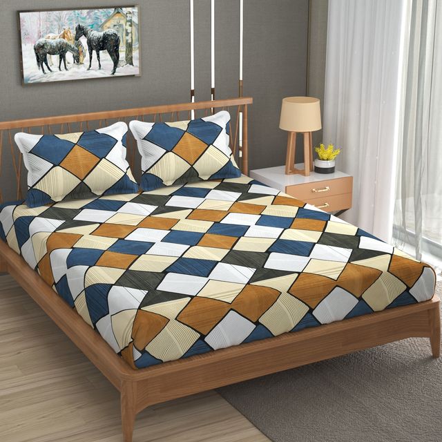 La elite Glace Cotton Fitted Bedsheet For Double Bed With 2 Pillow Covers