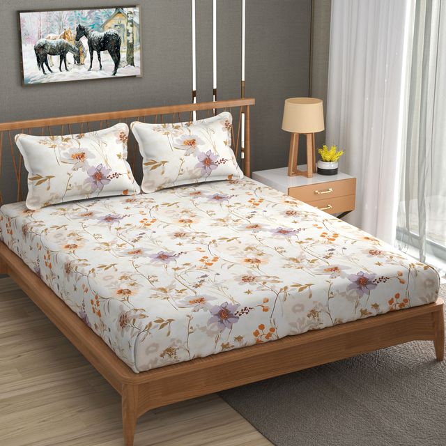 La elite Glace Cotton Fitted Bedsheet For Double Bed With 2 Pillow Covers